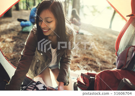 Girl Camping Tent Woods Outdoors Concept 31606704