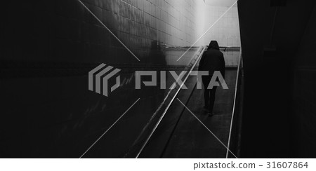 Cold Adult Man Walk Hopeless Up the Ramp Cold Adult Man Walk Hopeless Up the Ramp 31607864