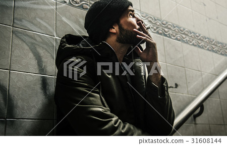 Homeless Adult Man Smoking Cigarette Addiction 31608144