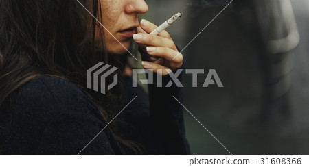 Homeless Adult Woman Smoking Cigarette Addiction 31608366