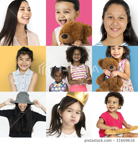 Set of Diversity Women Face Expression Lifestyle Studio Collage 31609616