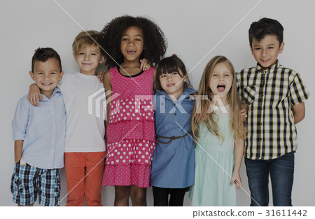 Diverse group of kids standing in a row portrait 31611442