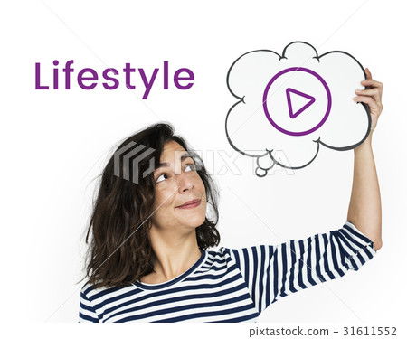 Woman holding network graphic overlay banner 31611552