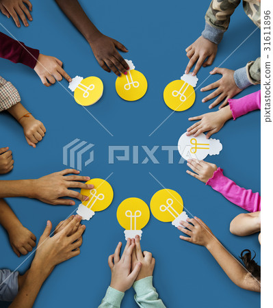 Aerial group of kids hands holding light bulb icon Aerial group of kids hands holding light bulb icon 31611896