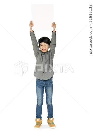 Little Boy Holding Blank Paper Board Studio Portrait 31612138