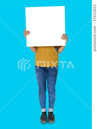 Covered Face Girl Standing and Holding Empty Placard 31612621