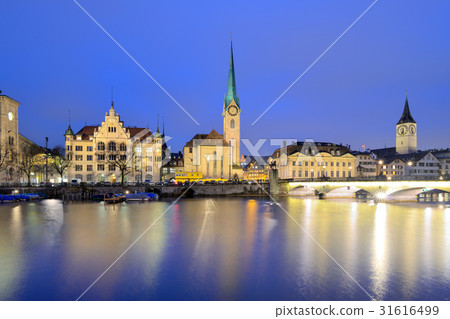 Fraumunster church on Limmat Riverside 31616499