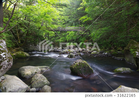 Shinshu Norikura高地Chima Yubu長廊的Yumeibashi橋小Ogawa河流 31622165