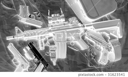 Xray scan detects gun weapon in criminals bag. Xray scan detects gun weapon in criminals bag. 31623541