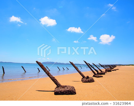 藍天白雲下的沙灘佇立軌條砦 31623964