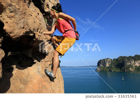 young woman rock climber climbing at seaside cliff young woman rock climber climbing at seaside cliff 31635561