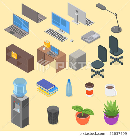 圖庫插圖: isometric set of office object.