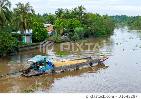 Wooden cargo boat on the Mekong River Delta Wooden cargo boat on the Mekong River Delta 31645287