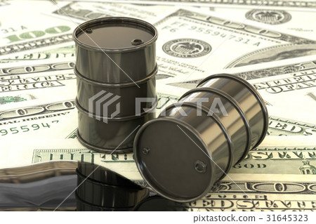 Black barrels of oil lie on background of dollar 31645323