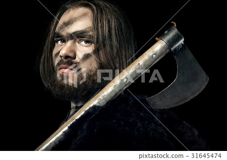 Viking in armor and axe on black background 31645474