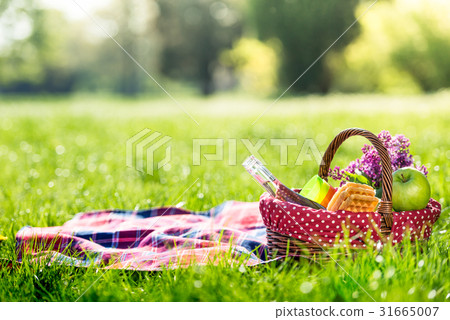 picnic basket and blanket outdoors picnic basket and blanket outdoors 31665007
