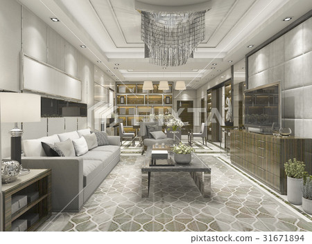 luxury and modern living room with chandelier 31671894