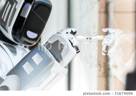 Smart robot is standing against transparent board Smart robot is standing against transparent board 31674094