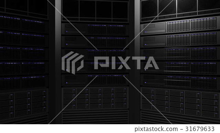 Multiple server racks with blinking lamps. ISP Multiple server racks with blinking lamps. ISP 31679633