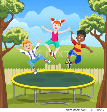 圖庫插圖: jumping kids on trampoline in backyard