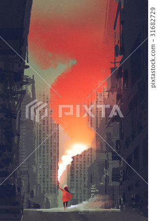 woman holding red smoke flare on street woman holding red smoke flare on street 31682729