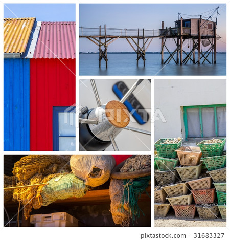 Photo collage sea, beach and boat concept Photo collage sea, beach and boat concept 31683327