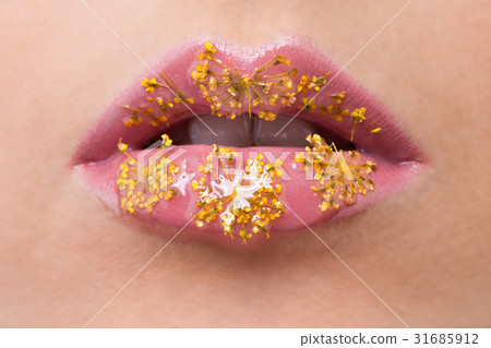 Beautiful Pink Female Lips Macro. Glossy Lips  31685912