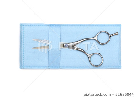 modern professional scissors in blue box isolated modern professional scissors in blue box isolated 31686044