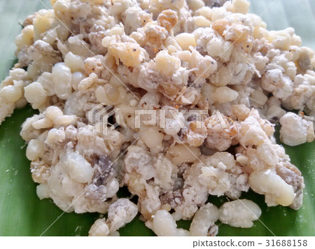 Ants egg on banana leaf. Thailand local food. Ants egg on banana leaf. Thailand local food. 31688158