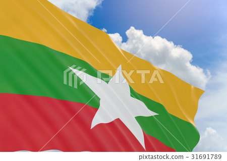 3D rendering of Myanmar flag waving on blue sky - Stock Illustration ...