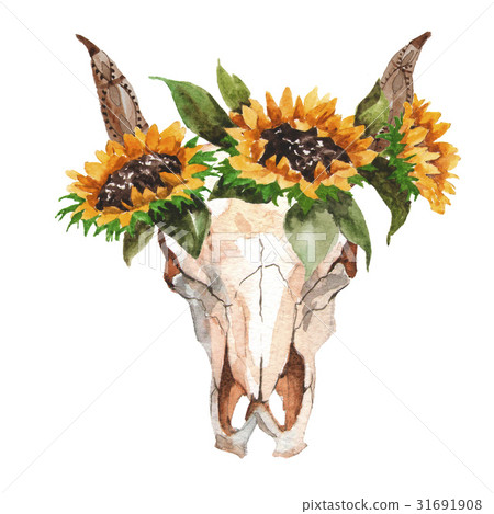 Watercolor isolated bull's head with flowers and Watercolor isolated bull's head with flowers and 31691908