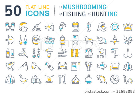 Set Vector Flat Line Icon Mushrooming and Hunting - Stock Illustration ...