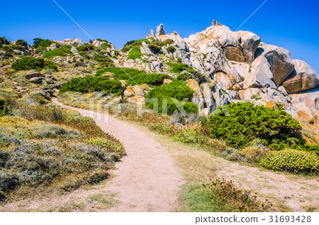 Walky path between bizarre granite rock formations 31693428