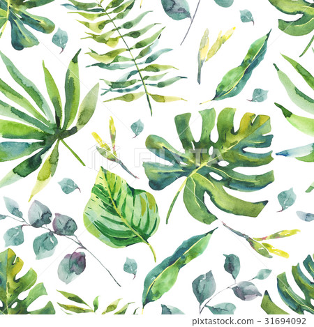 Watercolor Seamless Pattern with Tropical Leaves - Stock Illustration ...