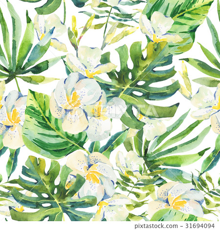 Watercolor seamless pattern with tropical leaves - Stock Illustration ...