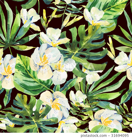 Watercolor seamless pattern with tropical leaves - Stock Illustration ...