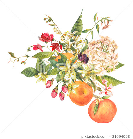 Watercolor blooming orange twig with flowers 31694098