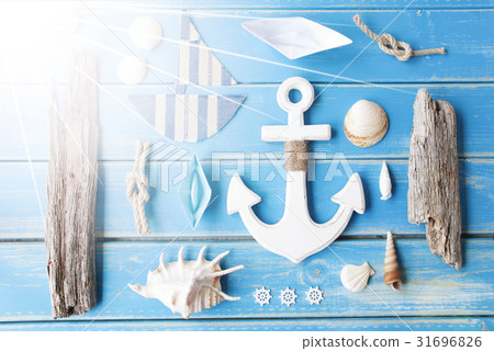 Sunny Nautic Chalkboard On Wooden Background Sunny Nautic Chalkboard On Wooden Background 31696826