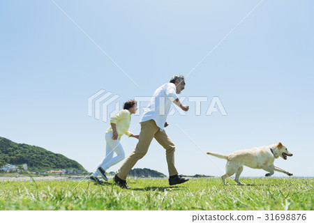 Senior couple and dogs run 31698876