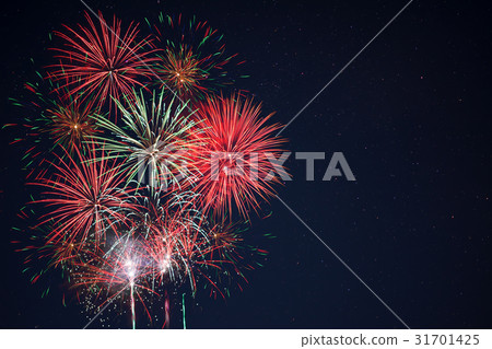 Red green yellow fireworks located left side Red green yellow fireworks located left side 31701425