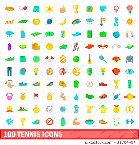100 tennis icons set, cartoon style 31704494