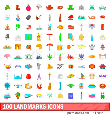 100 landmarks icons set, cartoon style 31704499
