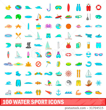 100 water sport icons set, cartoon style 100 water sport icons set, cartoon style 31704515