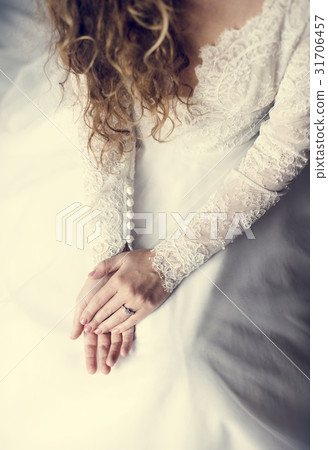 Attractive Beautiful Bride Showing Engagement Wedding Ring on Ha 31706457