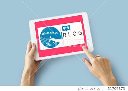 Hands working on digital device network graphic overlay 31706873