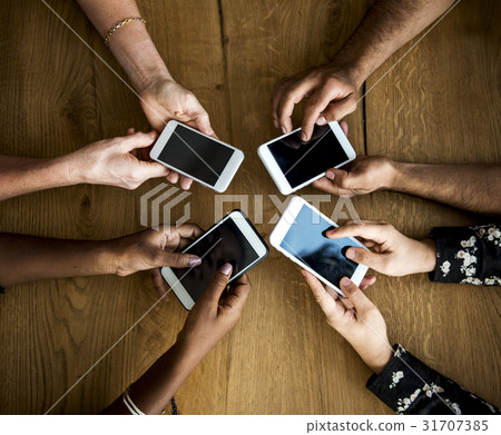 Hands Hold Blank Mobile Phone Together Copy Space 31707385