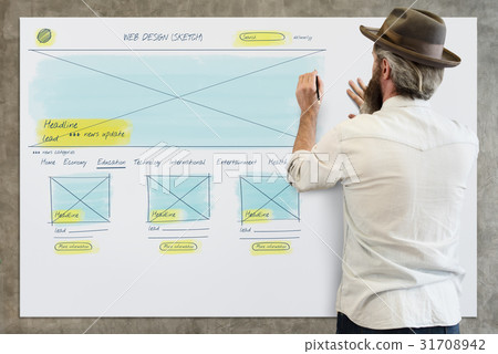 Man working on white board network graphic overlay Man working on white board network graphic overlay 31708942