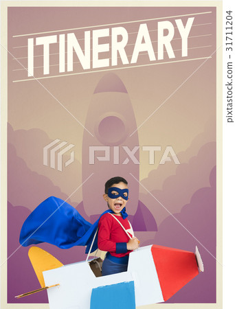 Superhero kid boy with paper plane toy and aspiration word graphic 31711204