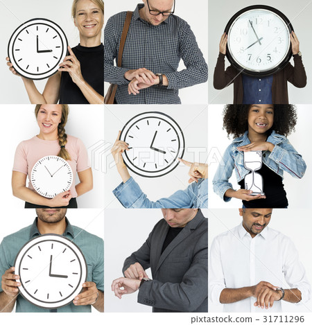 Set of Diverse People With Time Management Studio Collage Set of Diverse People With Time Management Studio Collage 31711296