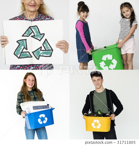 Set of Diversity People with Recycle Sign Environmental Friendly Studio Collage Set of Diversity People with Recycle Sign Environmental Friendly Studio Collage 31711805